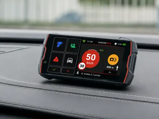 Na ekranie Yanosik GTm wyświetla 50 km/h, ostrzeżenie o fotoradarze i adres. Czy Yanosik jest legalny? Tak, jego używanie jest dozwolone.