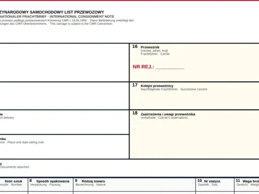 Międzynarodowy list przewozowy CMR, dokument transportowy z polami do wypełnienia danych nadawcy, odbiorcy, przewoźnika i szczegółów ładunku.