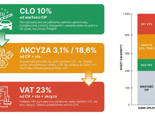 Schemat pokazuje naliczanie opłat za samochód: cło 10%, akcyza 3,1%/18,6% zależna od silnika, oraz VAT 23%.