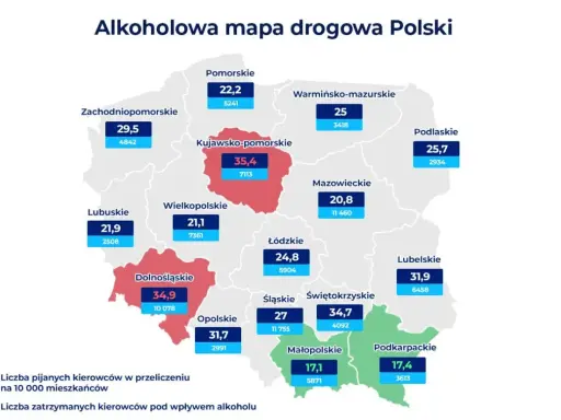Mapa Polski z danymi o pijanych kierowcach. Kujawsko-pomorskie ma najwyższy wskaźnik.