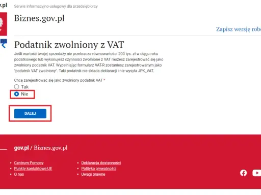 Formularz rejestracji jako podatnik zwolniony z VAT. Wybrano opcję "Nie".