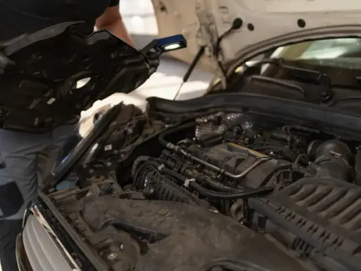 Mechanik sprawdza silnik, który mógł przegrzać się z powodu wysokiej temperatury.