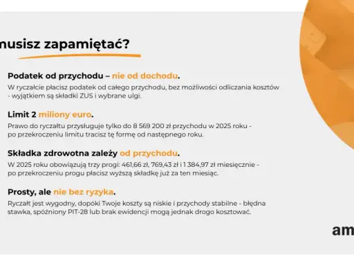 Ryczałt: podatek od przychodu, limit 2 mln euro, składka zdrowotna zależna od przychodu. Stawki mogą być korzystne, ale trzeba uważać na ryzyko.