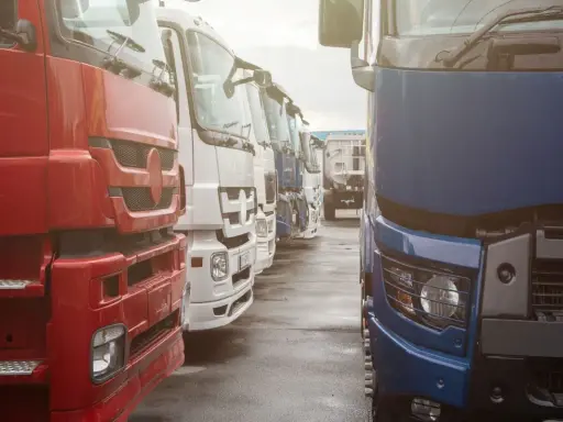 Rzędy ciężarówek, czerwona, biała i niebieska. Nowoczesna telematyka co to? Optymalizacja logistyki.