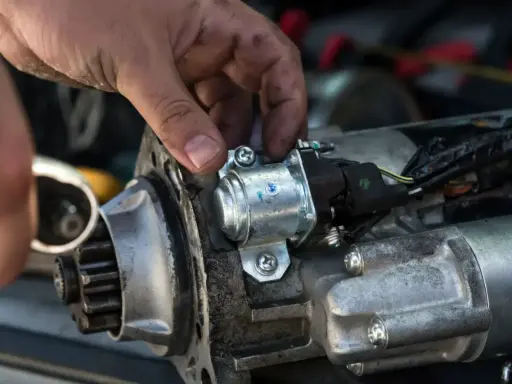 Mechanik sprawdza rozrusznik, który nie kręci. Widoczny jest zębatka i elektromagnes.