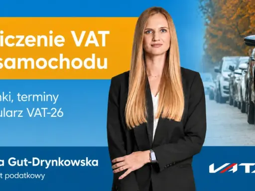 Natalia Gut-Drynkowska wyjaśnia odliczenie VAT od samochodu, warunki i formularz VAT-26. W tle rząd samochodów.
