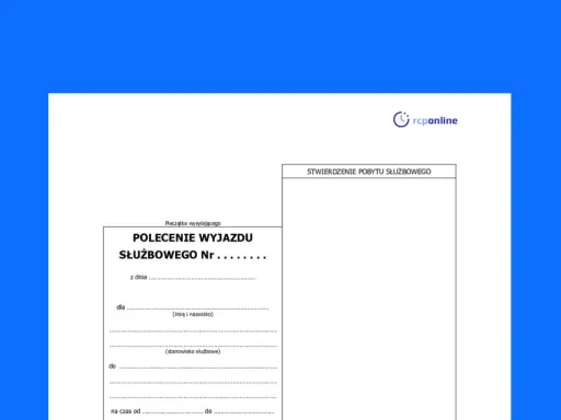 Dokument "Polecenie wyjazdu służbowego" z logo rcponline, przygotowany do wypełnienia dla celów delegacji zagranicznej.