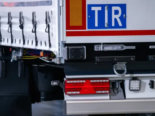 TIR to duża ciężarówka, która przewozi towary. Na zdjęciu widać tył naczepy z charakterystycznym znakiem TIR.