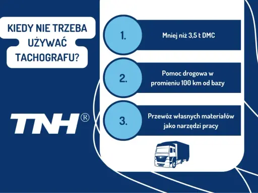 Kiedy nie zarobkowy przewóz na potrzeby własne a tachograf nie jest wymagany: DMC < 3,5t, pomoc drogowa do 100km, przewóz materiałów jako narzędzi pracy.