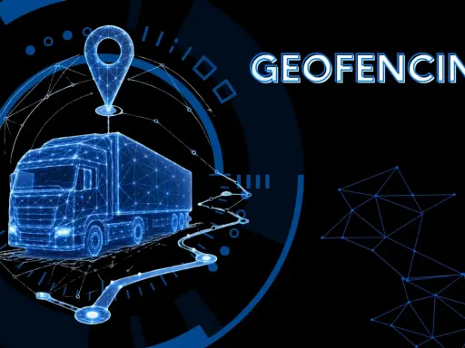 Cyfrowy schemat ciężarówki z pinezką lokalizacji i tekstem "GEOFENCING" ilustruje, geofencing co to jest w kontekście śledzenia i zarządzania flotą.