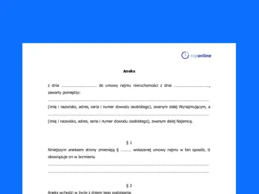 Aneks do umowy najmu nieruchomości. Dokument opisuje cesję umowy, wskazując strony i datę wejścia w życie zmian.