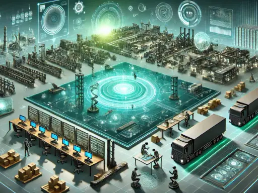 Futurystyczna wizualizacja przedstawiająca zaawansowaną logistykę 4.0: fabryki, ciężarówki, magazyny i centrum sterowania z hologramami.