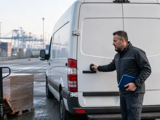 Mężczyzna otwiera tył białego vana, gotowy do załadunku palety z paczką. To jego transport okazjonalny.