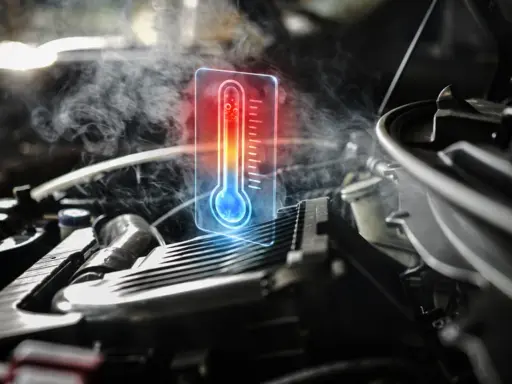 Para zacięty termostat objawy, widzimy parujący silnik i cyfrowy termometr wskazujący wysoką temperaturę.
