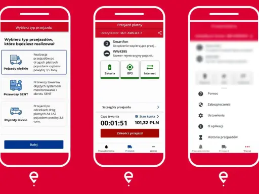 Aplikacja mobilna do zarządzania opłatami drogowymi. Wybór typu pojazdu, szczegóły przejazdu, czas trwania i koszt.