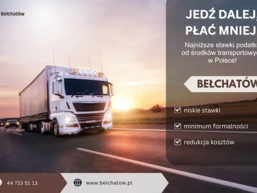 Ciężarówka na drodze o zachodzie słońca. Reklama Bełchatowa zachęca do jazdy i płacenia mniej, oferując niskie stawki, minimum formalności i redukcję kosztów, czyli pozostałe koszty operacyjne.