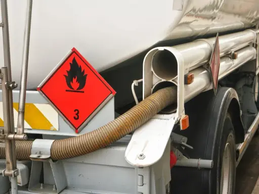 Zbliżenie na cysternę z oznaczeniem transportu towarów niebezpiecznych (płonący płomień, cyfra 3). Widoczny wąż do rozładunku.