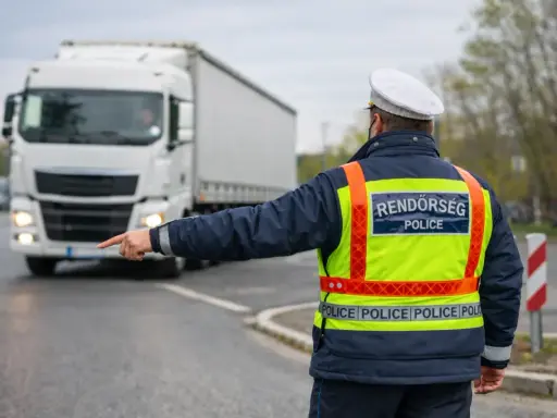 Policjant kieruje ruchem, wskazując drogę białej ciężarówce. Przewoźnik jest obowiązany przestrzegać jego poleceń.