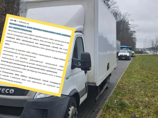 Mandat za przeładowanie samochodu do 3,5t. Na zdjęciu biała ciężarówka i dokument z przepisami.