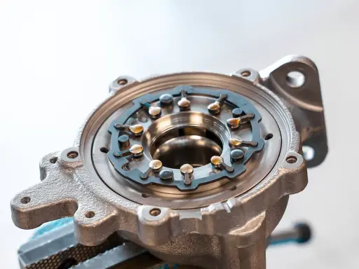 Metalowa obudowa turbosprężarki ze zmienną geometrią, z widocznymi łopatkami i mechanizmem regulacji.