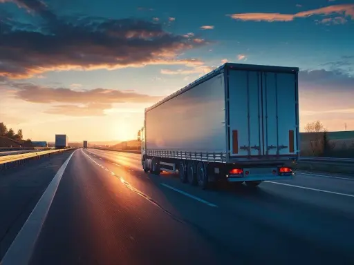 Ciężarówka na autostradzie o zachodzie słońca. System track&trace śledzenie zapewnia bezpieczeństwo każdej przesyłki.