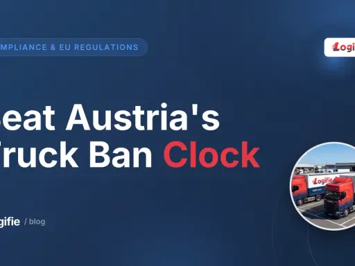 Pokonaj zakaz jazdy austria dla ciężarówek. Dwa czerwono-niebieskie ciężarówki Logifie zaparkowane na placu.