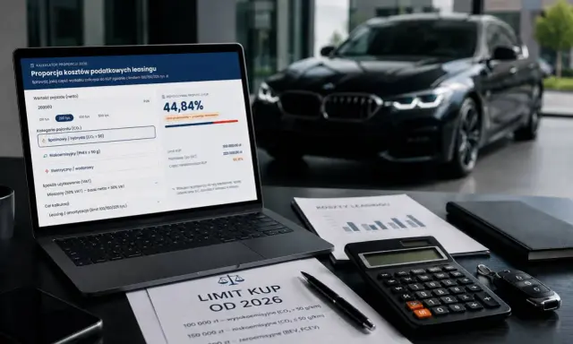 Kalkulator leasingowy pokazuje wyliczenie proporcji KUP dla samochodu powyżej 150 tys. zł.