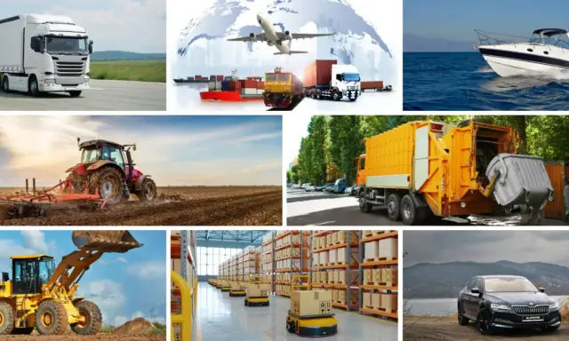 Różnorodne pojazdy: ciężarówka, samolot, statek, łódź, traktor, koparka, śmieciarka, roboty magazynowe i samochód osobowy – wszystko to elementy nowoczesnej telematyki transportu.