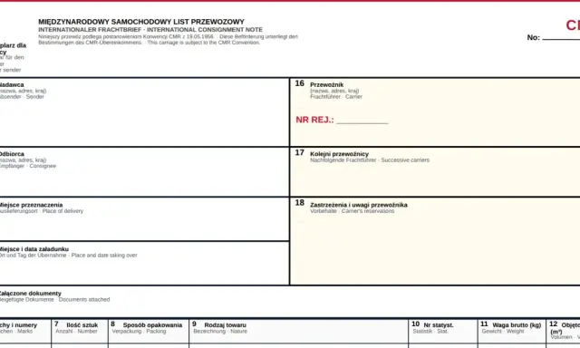 Międzynarodowy list przewozowy CMR, dokument transportowy z polami do wypełnienia danych nadawcy, odbiorcy, przewoźnika i szczegółów ładunku.
