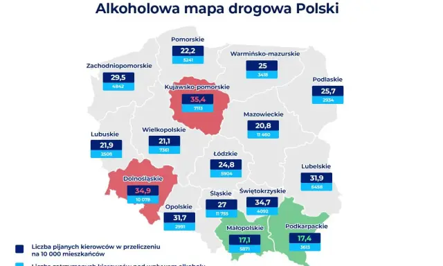 Mapa Polski z danymi o pijanych kierowcach. Kujawsko-pomorskie ma najwyższy wskaźnik.