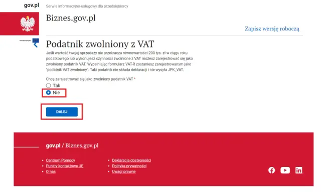 Formularz rejestracji jako podatnik zwolniony z VAT. Wybrano opcję "Nie".