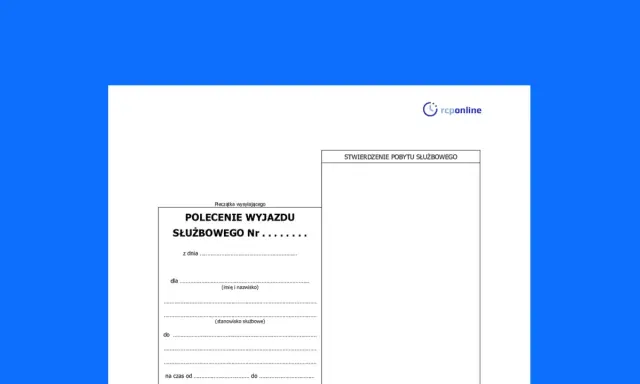 Dokument "Polecenie wyjazdu służbowego" z logo rcponline, przygotowany do wypełnienia dla celów delegacji zagranicznej.