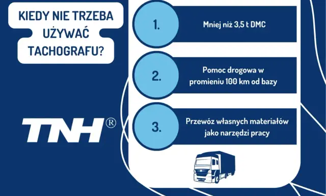 Kiedy nie zarobkowy przewóz na potrzeby własne a tachograf nie jest wymagany: DMC < 3,5t, pomoc drogowa do 100km, przewóz materiałów jako narzędzi pracy.