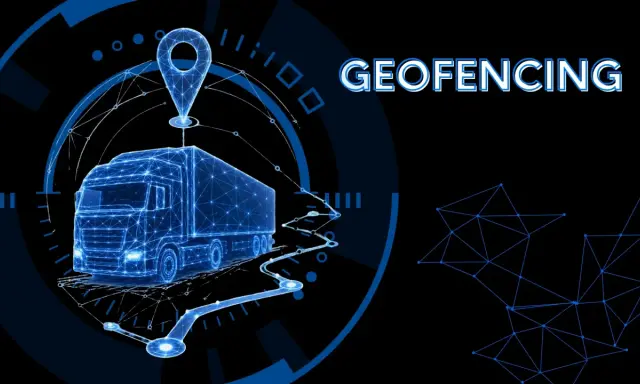 Cyfrowy schemat ciężarówki z pinezką lokalizacji i tekstem "GEOFENCING" ilustruje, geofencing co to jest w kontekście śledzenia i zarządzania flotą.