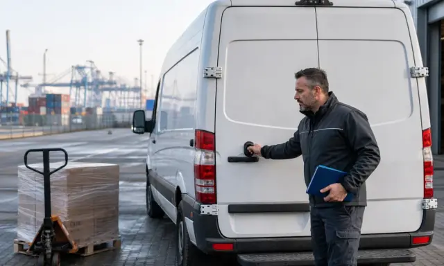 Mężczyzna otwiera tył białego vana, gotowy do załadunku palety z paczką. To jego transport okazjonalny.