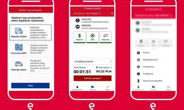 Aplikacja mobilna do zarządzania opłatami drogowymi. Wybór typu pojazdu, szczegóły przejazdu, czas trwania i koszt.