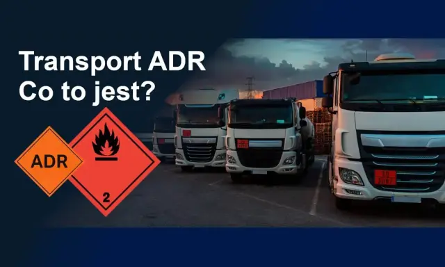 Ciężarówki z oznaczeniami ADR, symbolizujące transport ładunków niebezpiecznych.