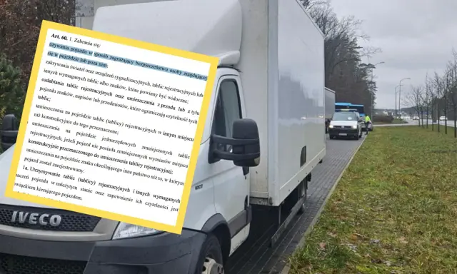 Mandat za przeładowanie samochodu do 3,5t. Na zdjęciu biała ciężarówka i dokument z przepisami.