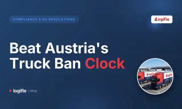 Pokonaj zakaz jazdy austria dla ciężarówek. Dwa czerwono-niebieskie ciężarówki Logifie zaparkowane na placu.