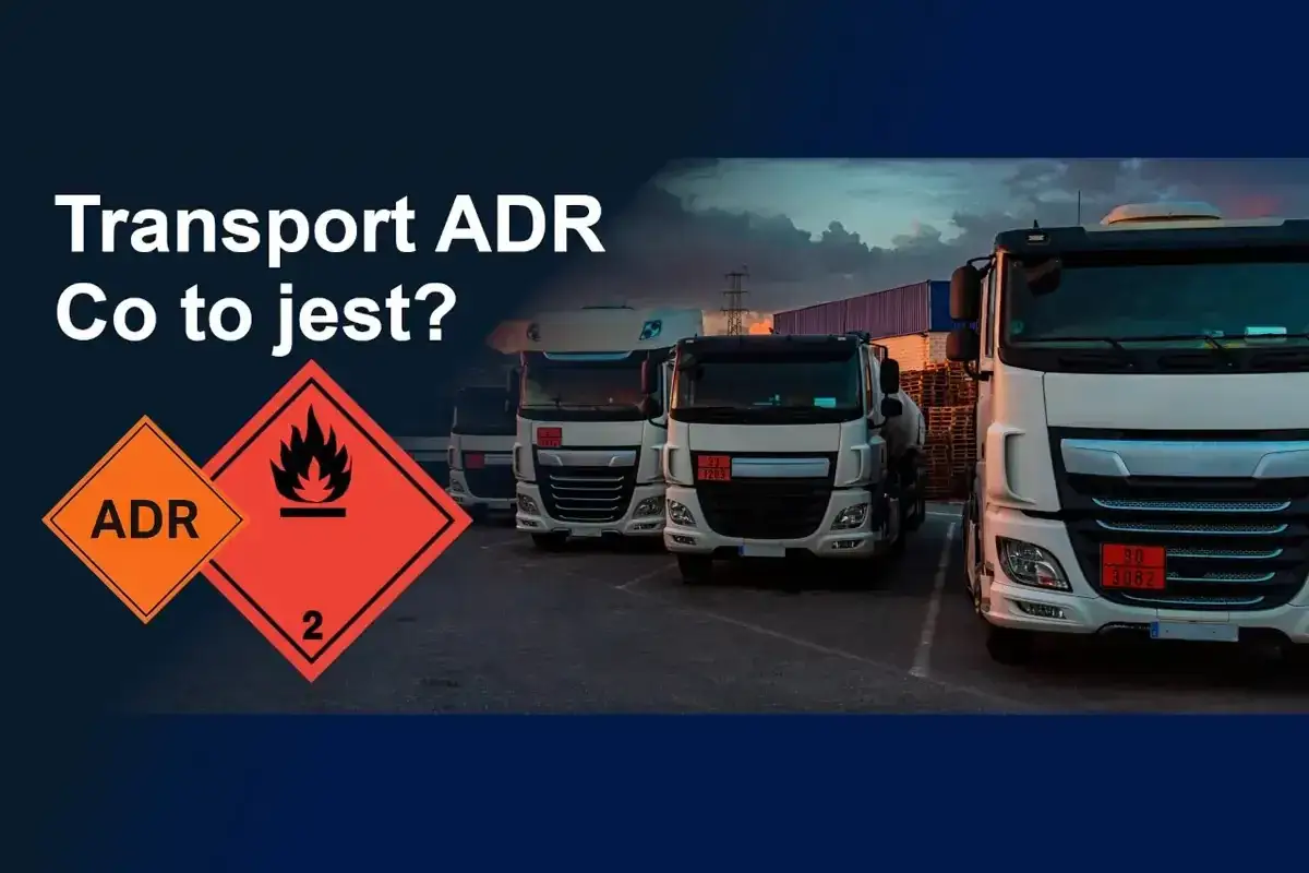 Ciężarówki z oznaczeniami ADR, symbolizujące transport ładunków niebezpiecznych.