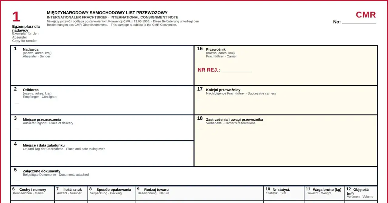 Międzynarodowy samochodowy list przewozowy CMR. Dokument zawiera dane nadawcy, odbiorcy, miejsca przeznaczenia, przewoźnika i szczeg&oacute;ły dotyczące towaru.