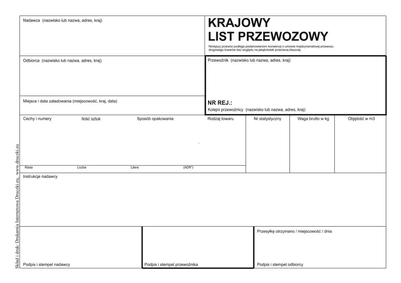 Krajowy list przewozowy z polami do wypełnienia danych nadawcy, odbiorcy, przewoźnika i szczegółów przesyłki.