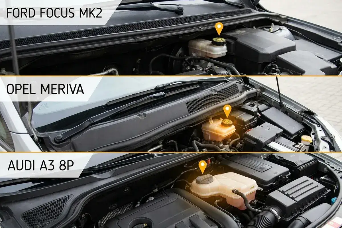 Zbiornik płynu hamulcowego w Fordzie Focus MK2, Oplu Meriva i Audi A3 8P znajduje się w komorze silnika, zazwyczaj w pobliżu ściany grodziowej.