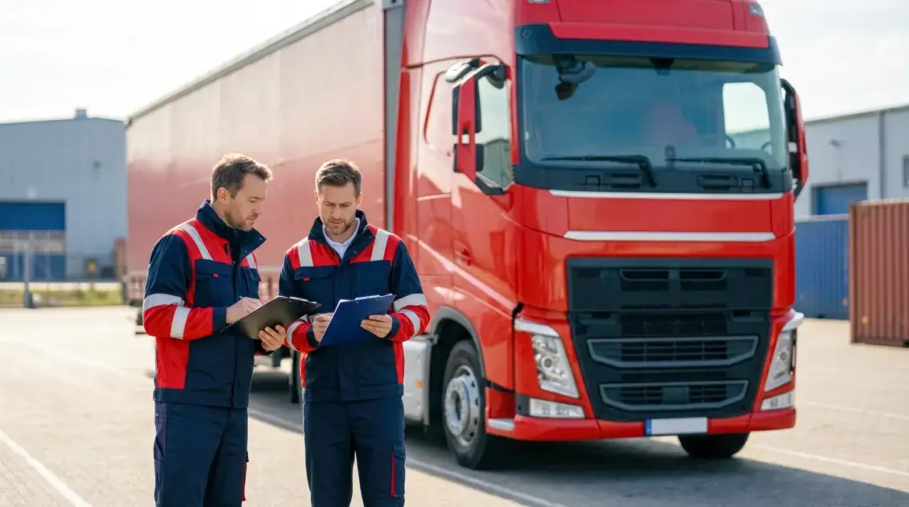 Dw&oacute;ch mężczyzn w uniformach sprawdza dokumenty transportowe przy czerwonej ciężar&oacute;wce.