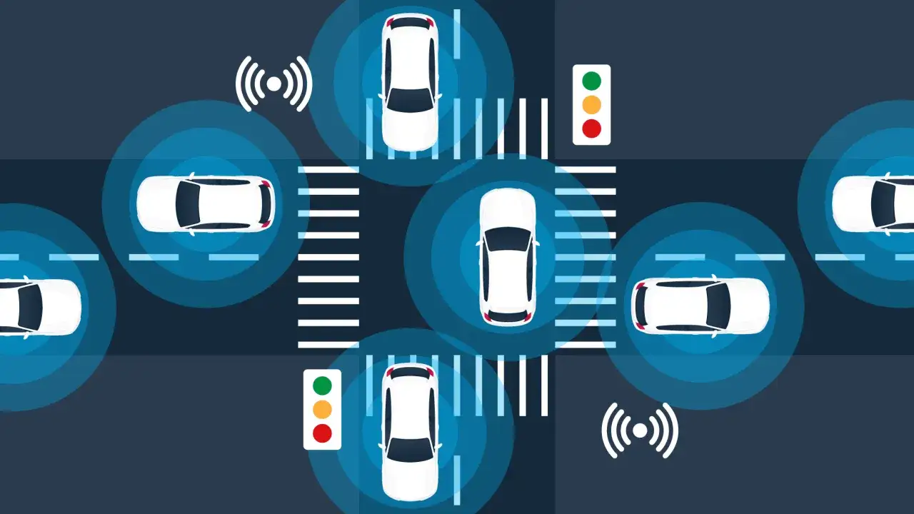 Inteligentne samochody komunikują się ze sobą i z sygnalizacją świetlną, co jest przykładem telematyki transportu.