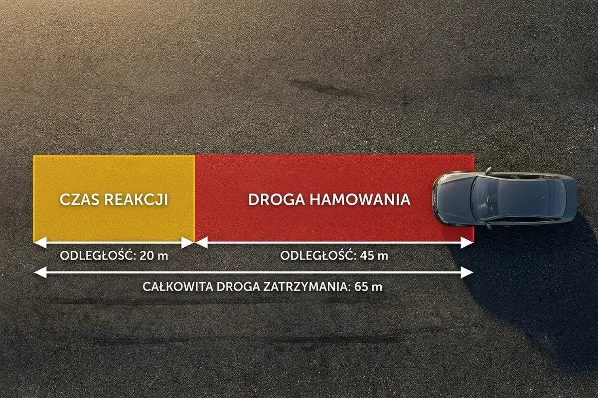 Ilustracja pokazuje, jak czas reakcji kierowcy (20 m) i droga hamowania (45 m) składają się na całkowitą drogę zatrzymania (65 m).