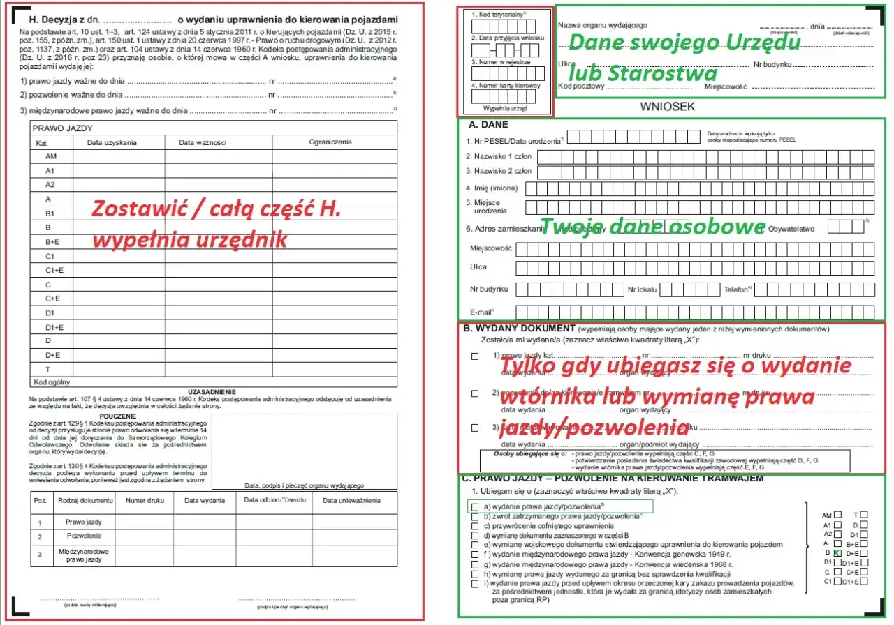 Formularz wniosku o wydanie dokumentu, gdzie zaznaczono
