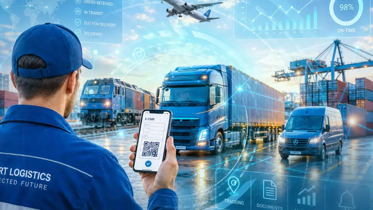 Pracownik logistyki z telefonem w ręku, na którym widać e-CMR, symbolizuje elektroniczna wymiana danych w transporcie kolejowym, drogowym i lotniczym.