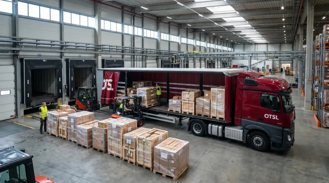 W magazynie pracownicy rozładowują ciężarówkę z ładunkami drobnicy. Wózki widłowe pomagają w transporcie paczek.