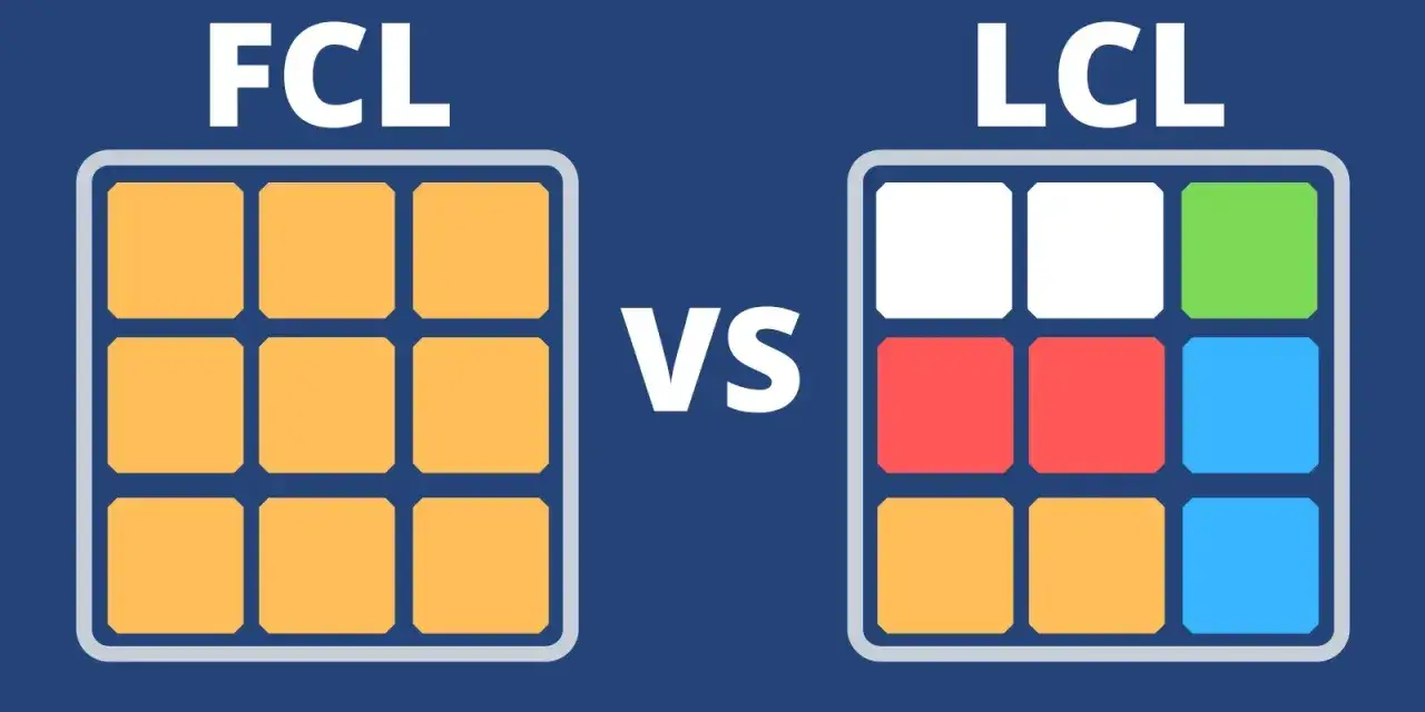 Porównanie FCL (wszystkie żółte pola) vs LCL (różne kolory). FCL co to? To pełny kontener.
